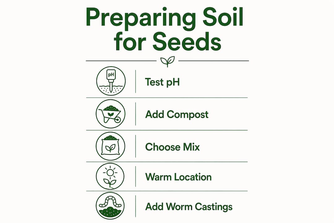 Infographic showing step-by-step soil preparation for organic seeds