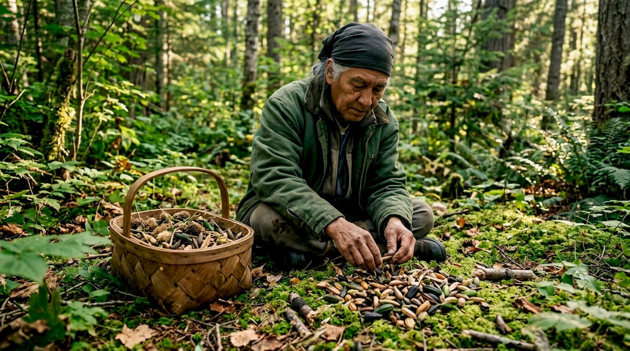 Indigenous elder holding wildflower seeds in forest