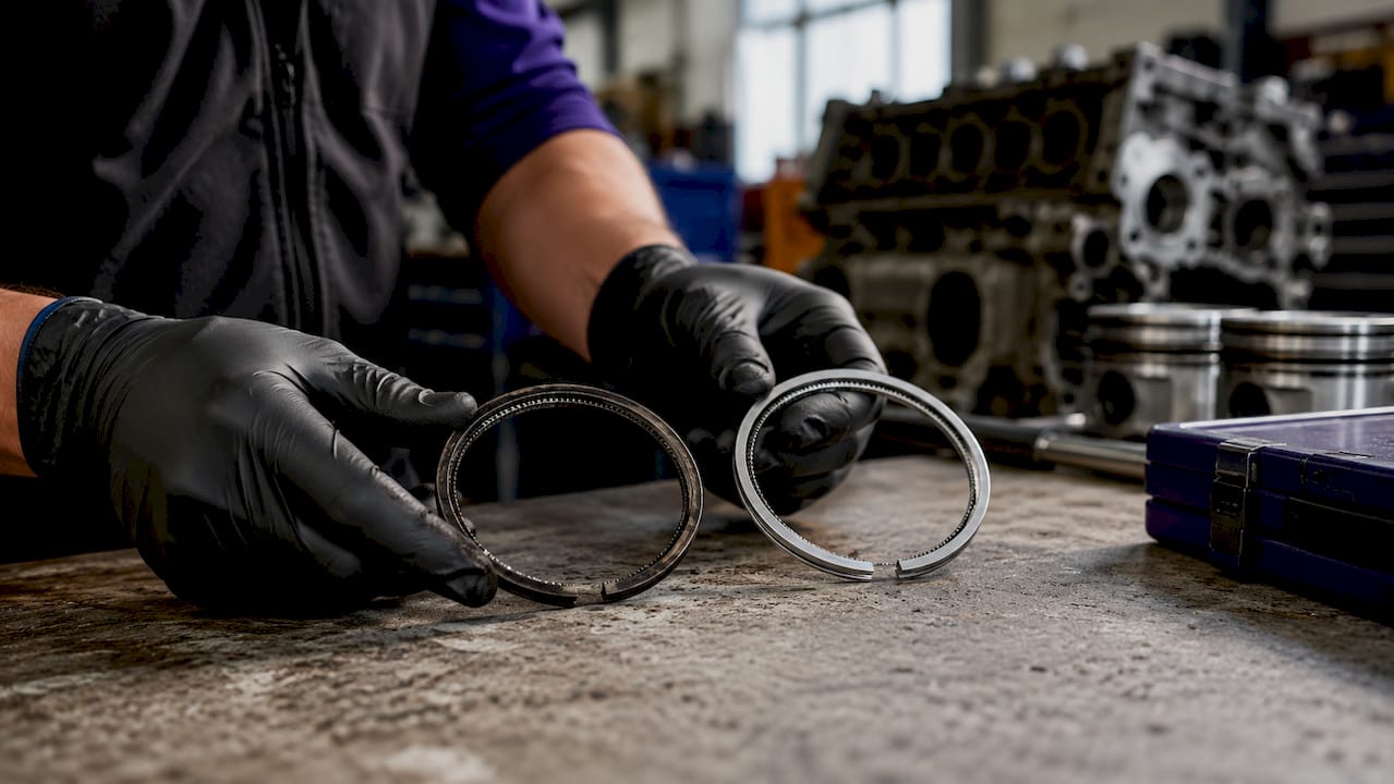 Close-up of hands holding piston oil control rings
