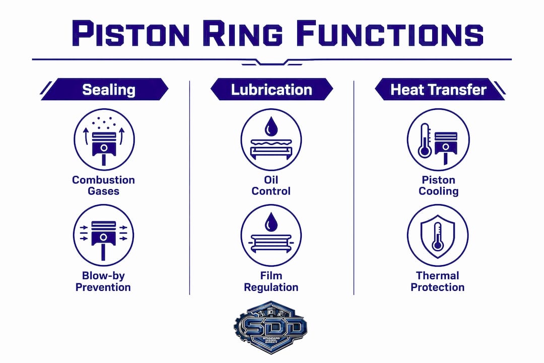 Infographic illustrating piston ring functions in diesel engines