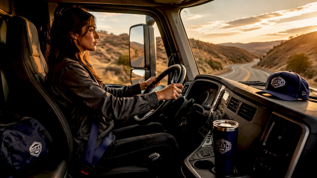 Female driver focusing on smooth acceleration in truck cab