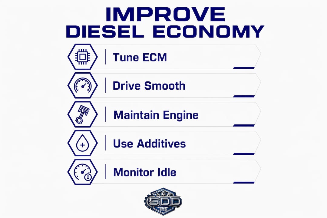 Infographic illustrating diesel fuel economy improvement steps