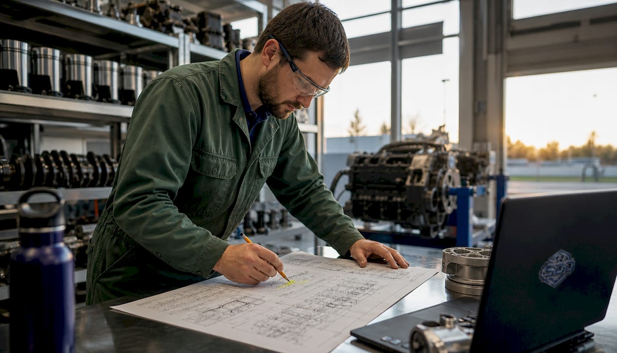 Engineer studying diesel engine compression diagrams