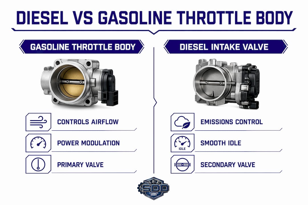 Infographic comparing diesel and gasoline throttle body functions