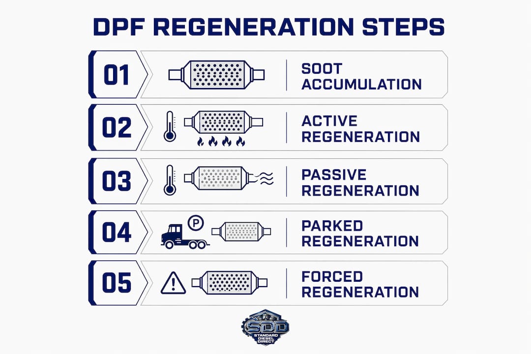 Infographic illustrating diesel particulate filter regeneration steps