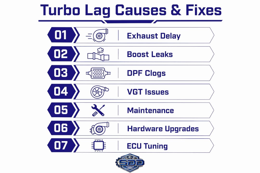 Infographic showing causes and fixes for turbo lag in diesel engines