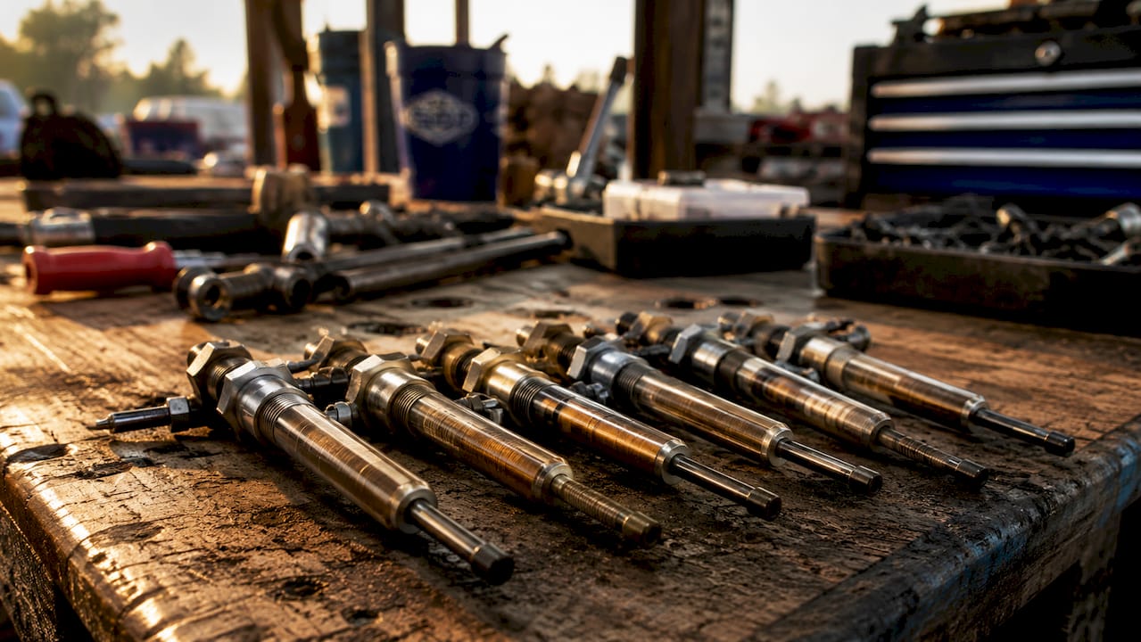 Close-up of metal sheath diesel glow plugs on workbench