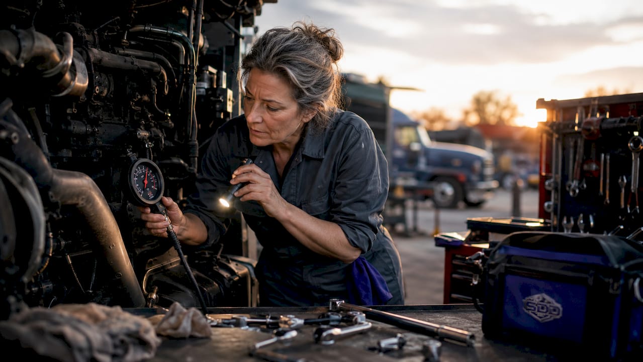 Technician inspecting tachometer for diesel runaway symptoms