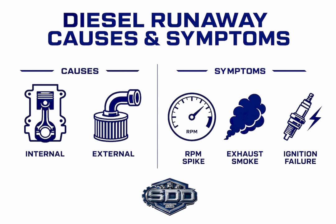 Infographic comparing causes and symptoms of diesel runaway
