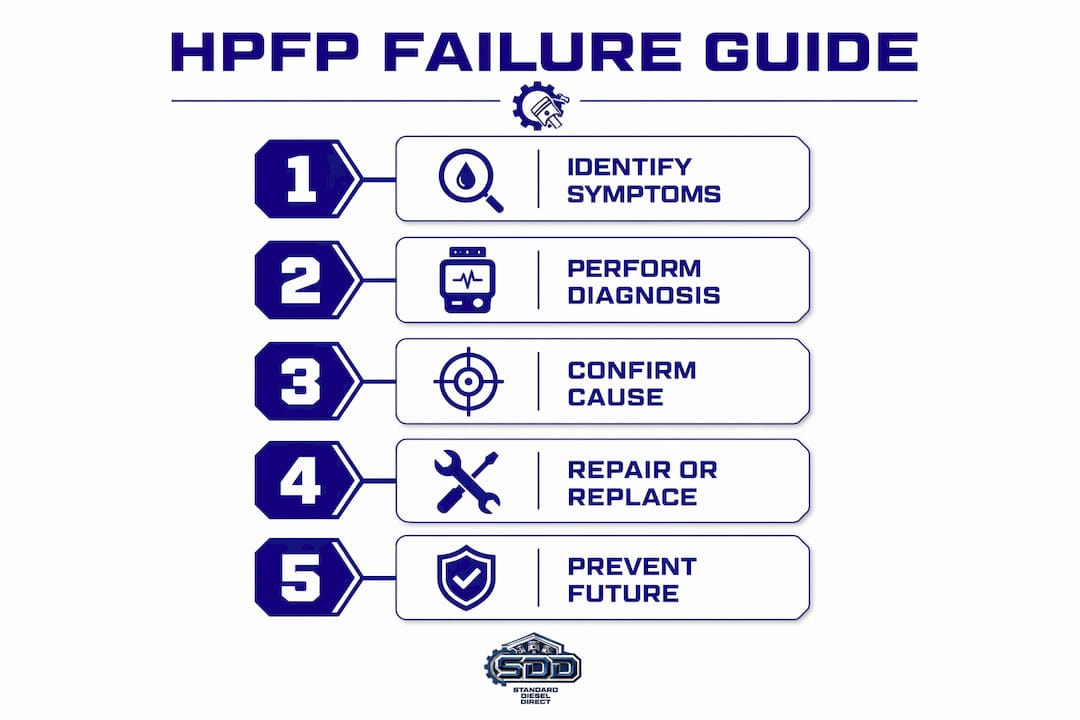 Infographic showing HPFP failure diagnosis and repair steps