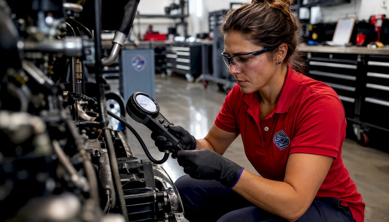 Technician testing diesel engine compression