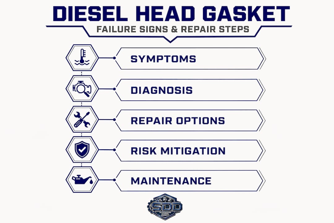 Infographic showing diesel head gasket failure and repair steps