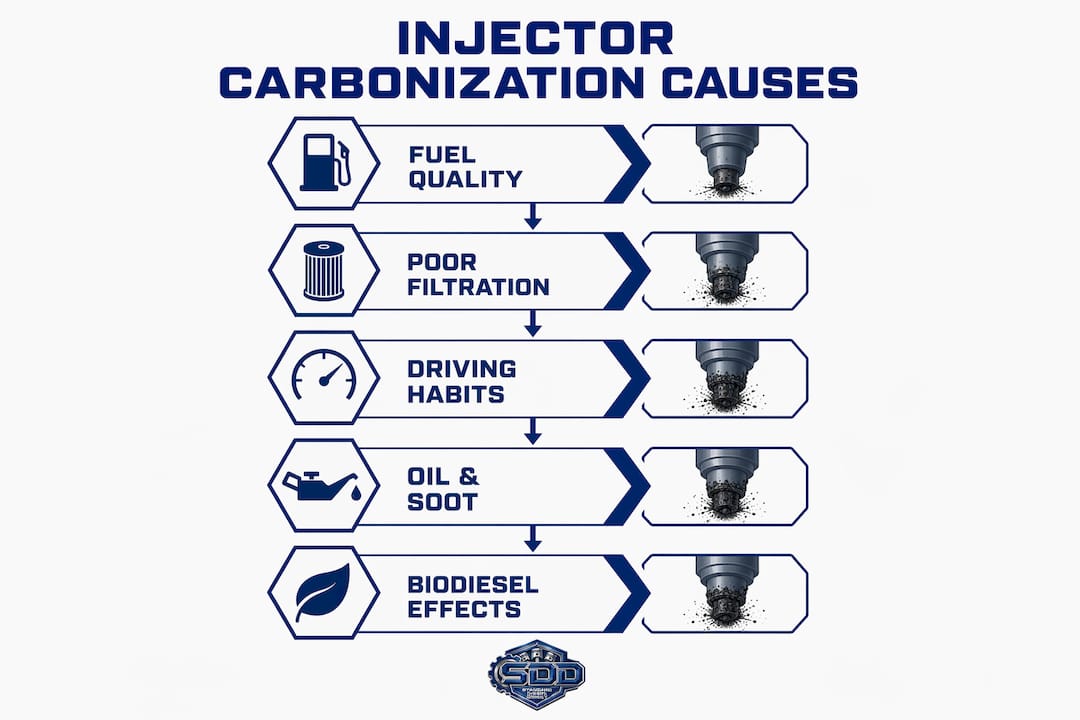 Infographic illustrating main causes of diesel injector carbonization
