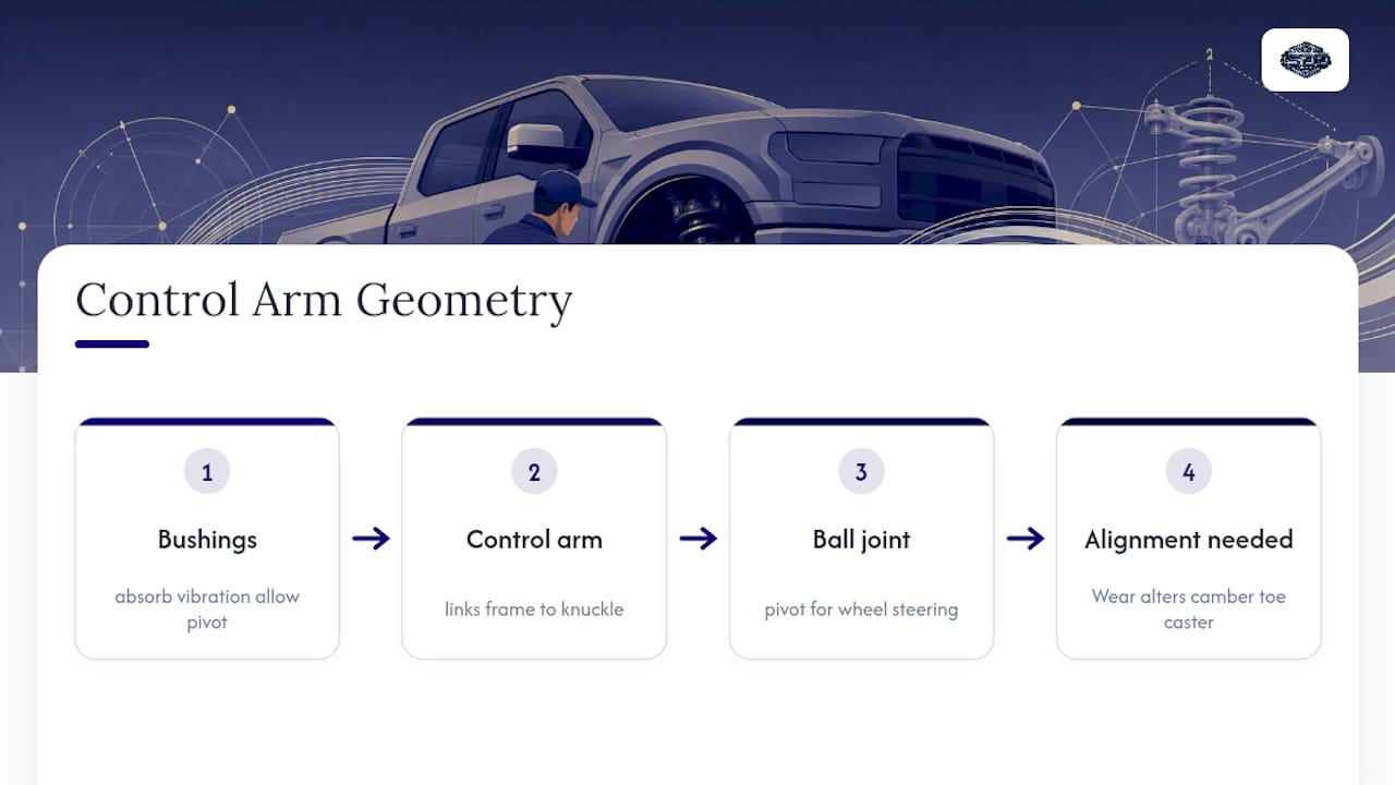 Control arm connections and alignment geometry