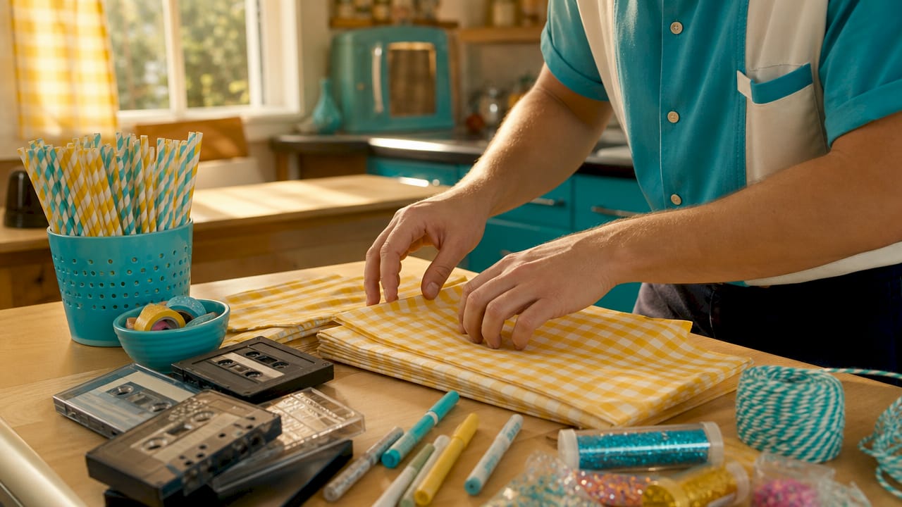 Hands preparing 1950s nostalgia party decor