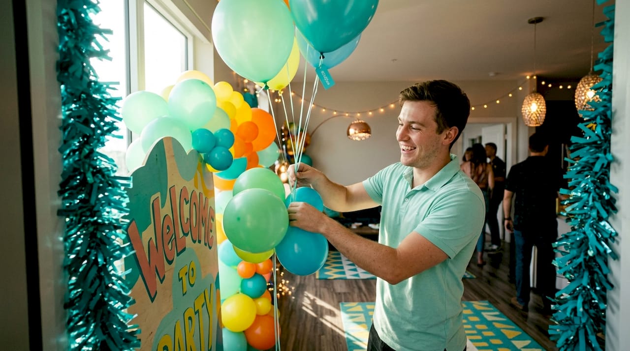 Warm party entrance with personalized welcome sign
