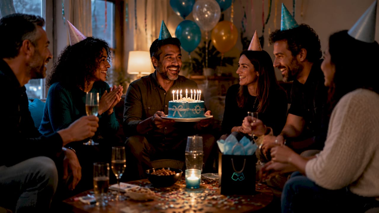 Group enjoying personalized birthday party outdoors