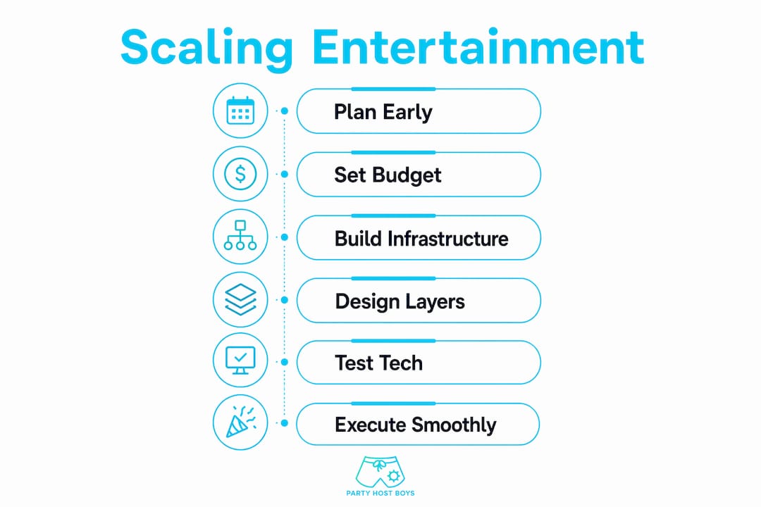Infographic depicting steps to scale large party entertainment
