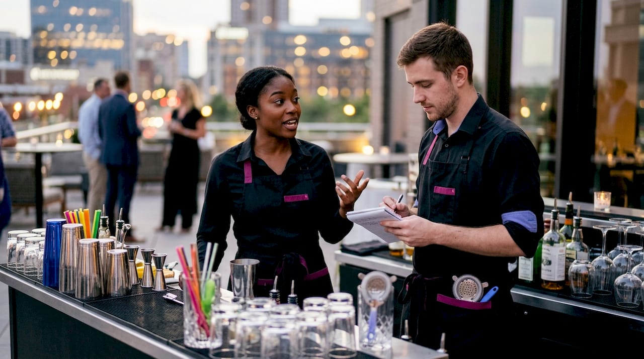 Bartenders discussing hourly rates at rooftop bar