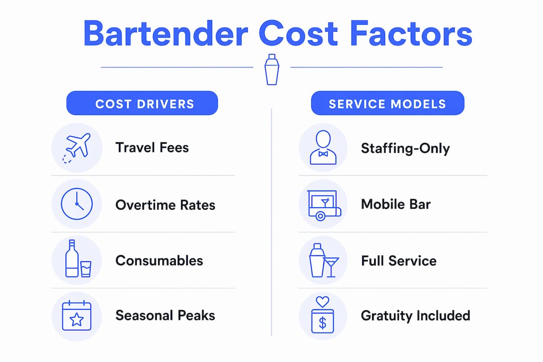 Infographic comparing bartender cost factors and service models