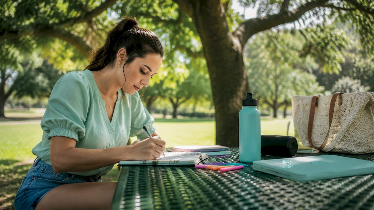 Event coordinator planning and taking notes outdoors at table