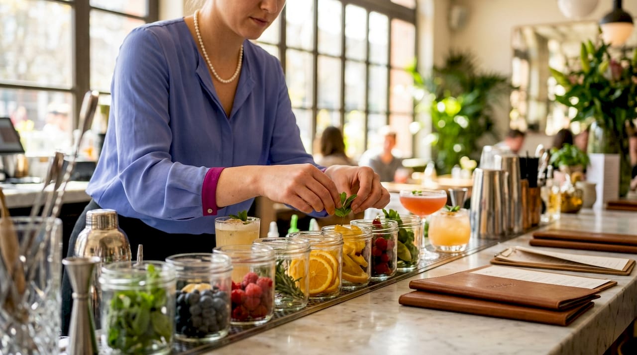 Bartender arranging fresh mocktail garnishes in ramekins