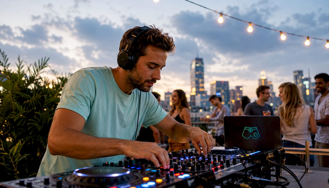 DJ setting up party entertainment outdoors