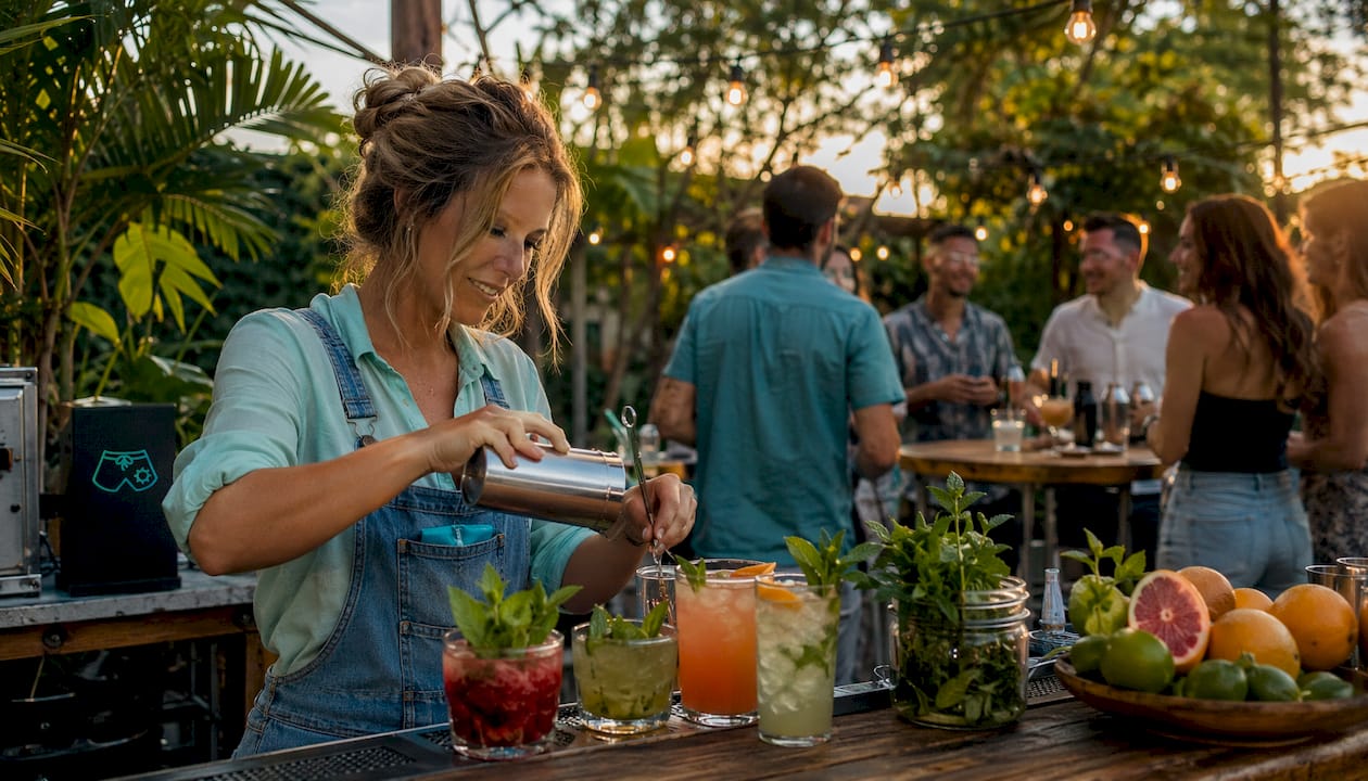 Bartender mixing cocktails at event bar