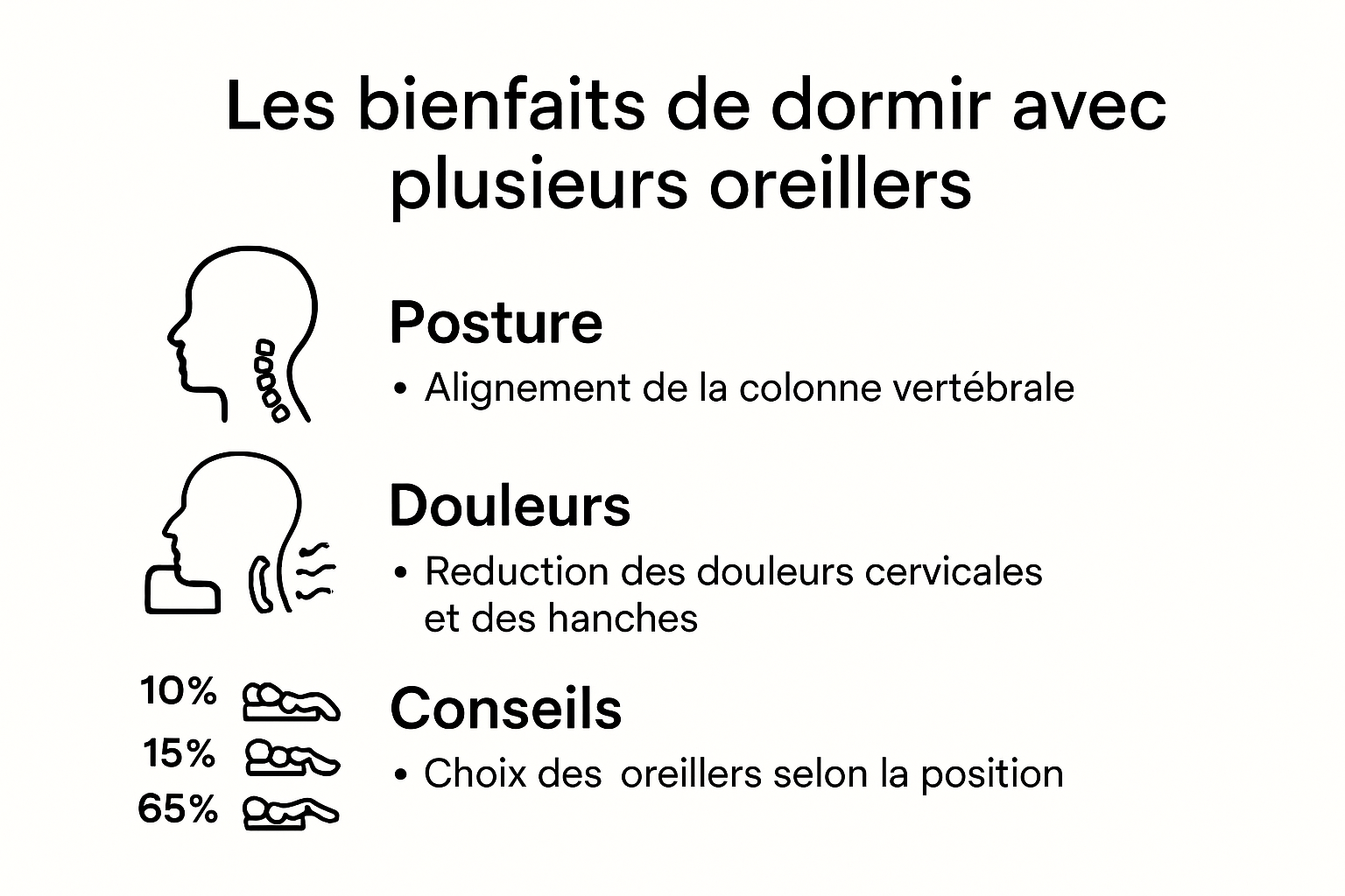 Infographie expliquant bienfaits et positionnement des oreillers