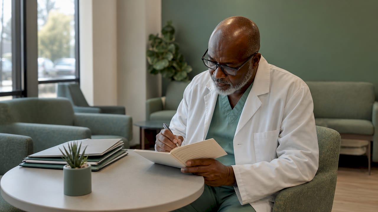 Civil surgeon reviewing vaccination records at clinic desk