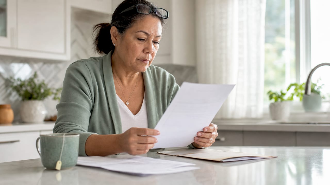 Woman reviewing immigration health waiver forms at home