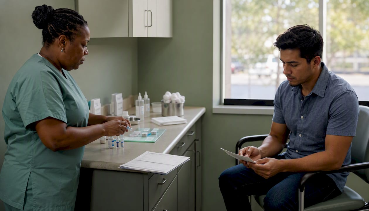 Nurse preparing vaccines for immigration exam patient