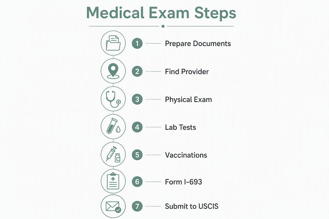 Infographic showing green card medical exam steps