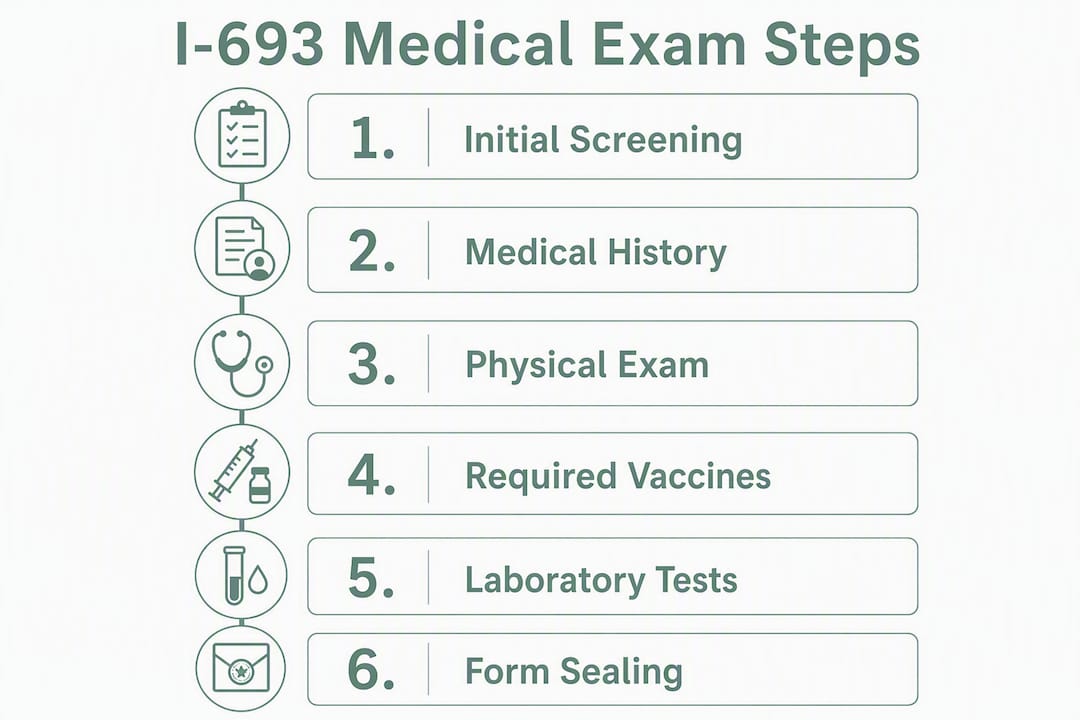 Infographic showing steps of the I-693 medical exam process
