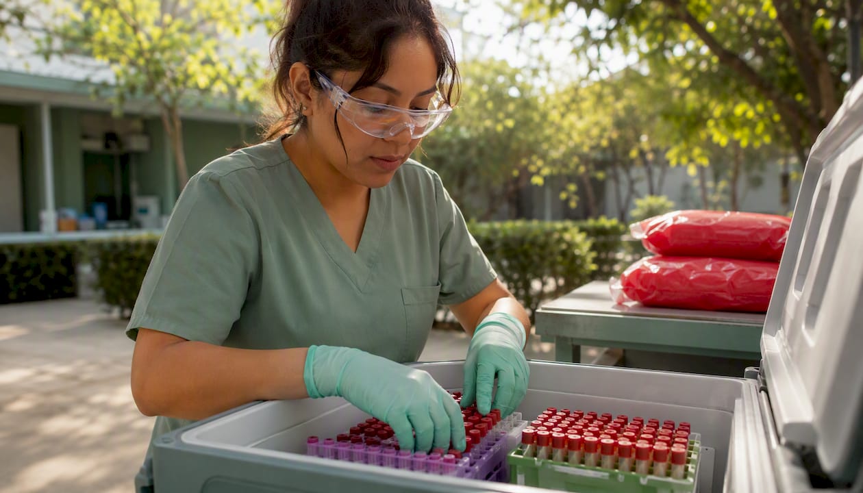Lab assistant organizing blood samples in clinic fridge