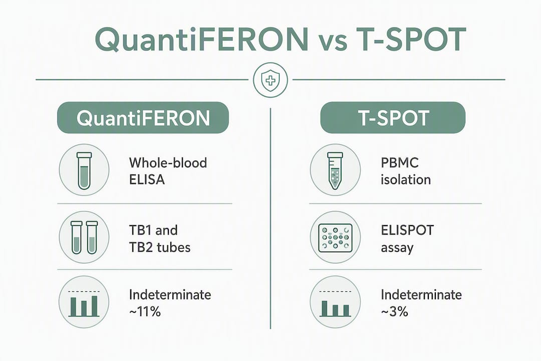 Infographic comparing QuantiFERON and T-SPOT TB tests with key features