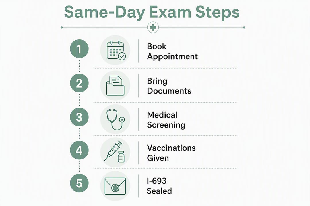 Infographic outlining steps of same-day immigration medical exam