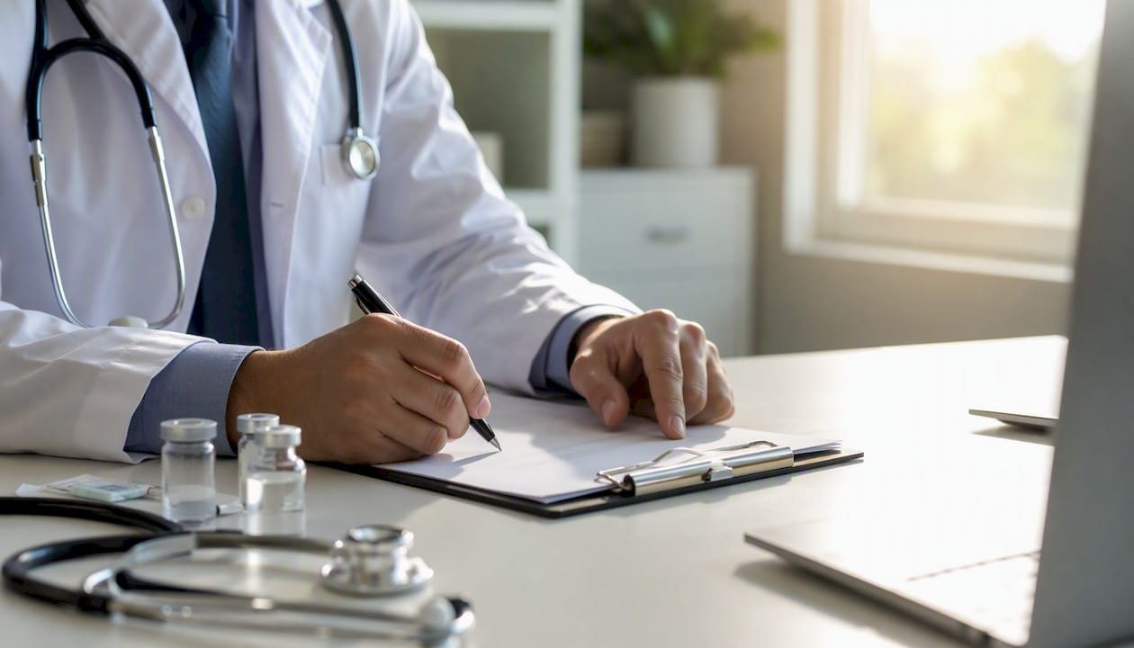 Civil surgeon filling USCIS I-693 form