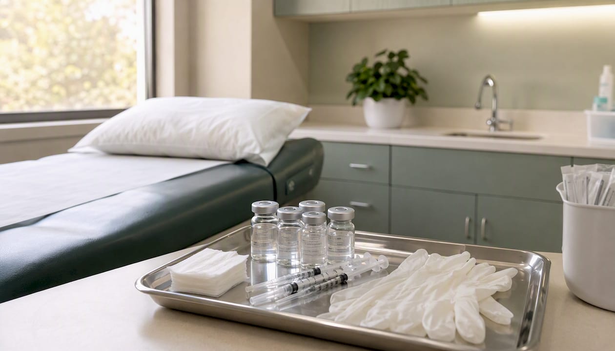 Vaccination instruments arranged on tray in exam room