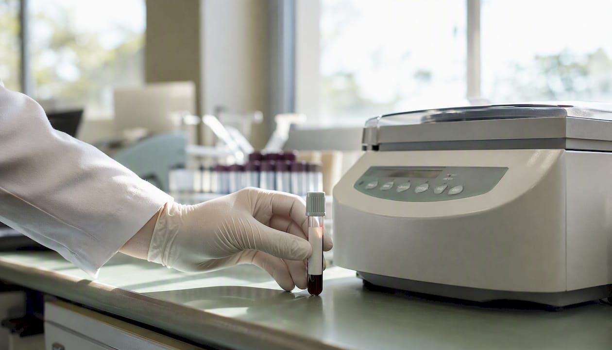 Gloved hand holding blood vial for varicella IgG test
