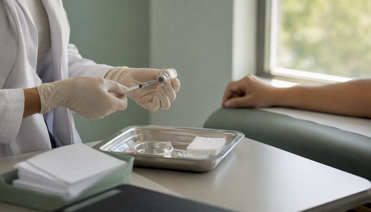 Medical professional preparing varicella vaccine syringe