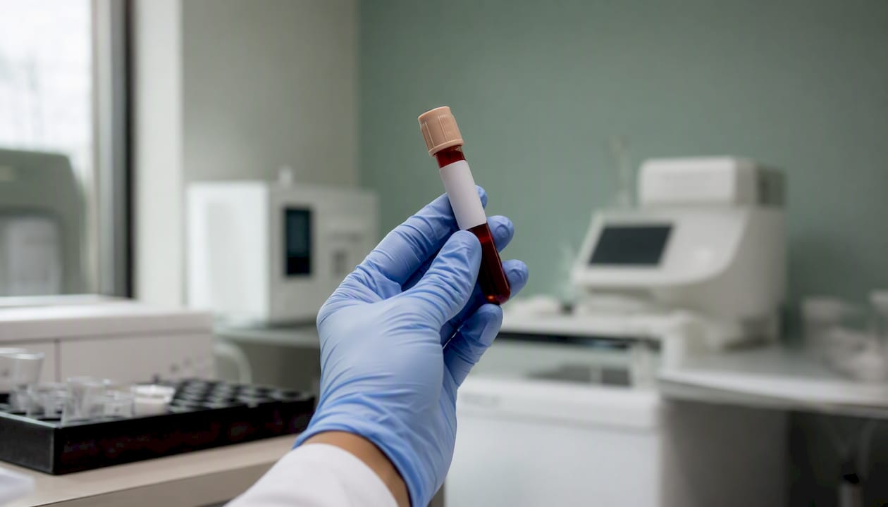 Gloved hand holding blood sample vial