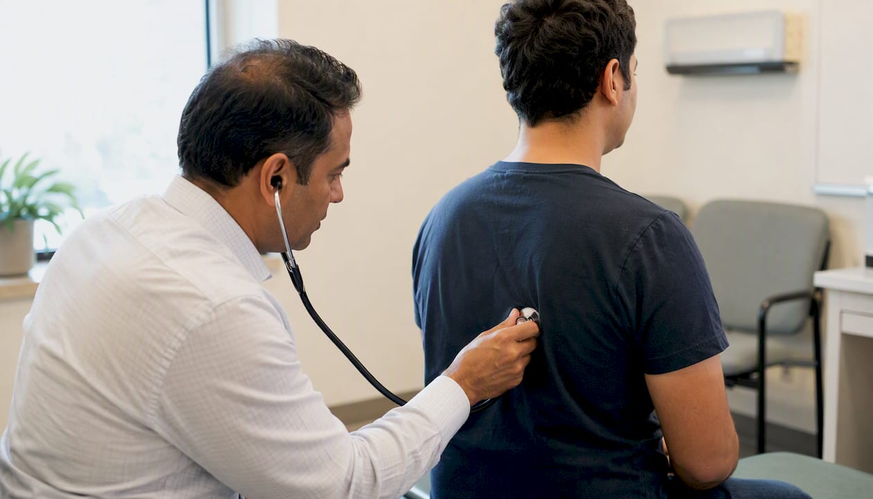 Civil surgeon using stethoscope in medical exam