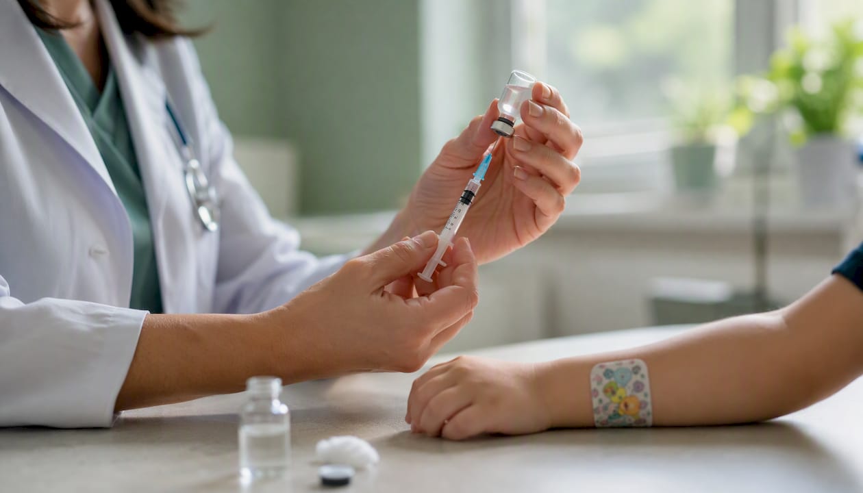 Medical professional preparing vaccine for child