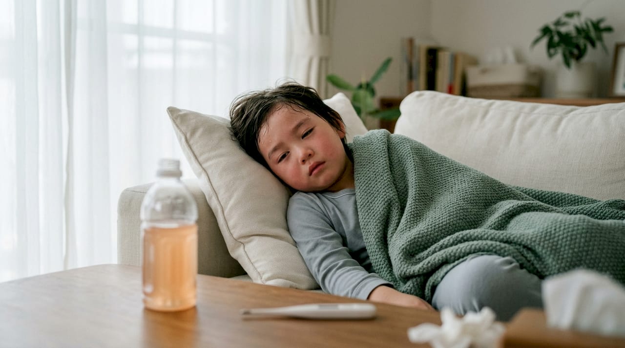 Child in bed showing moderate illness with fever