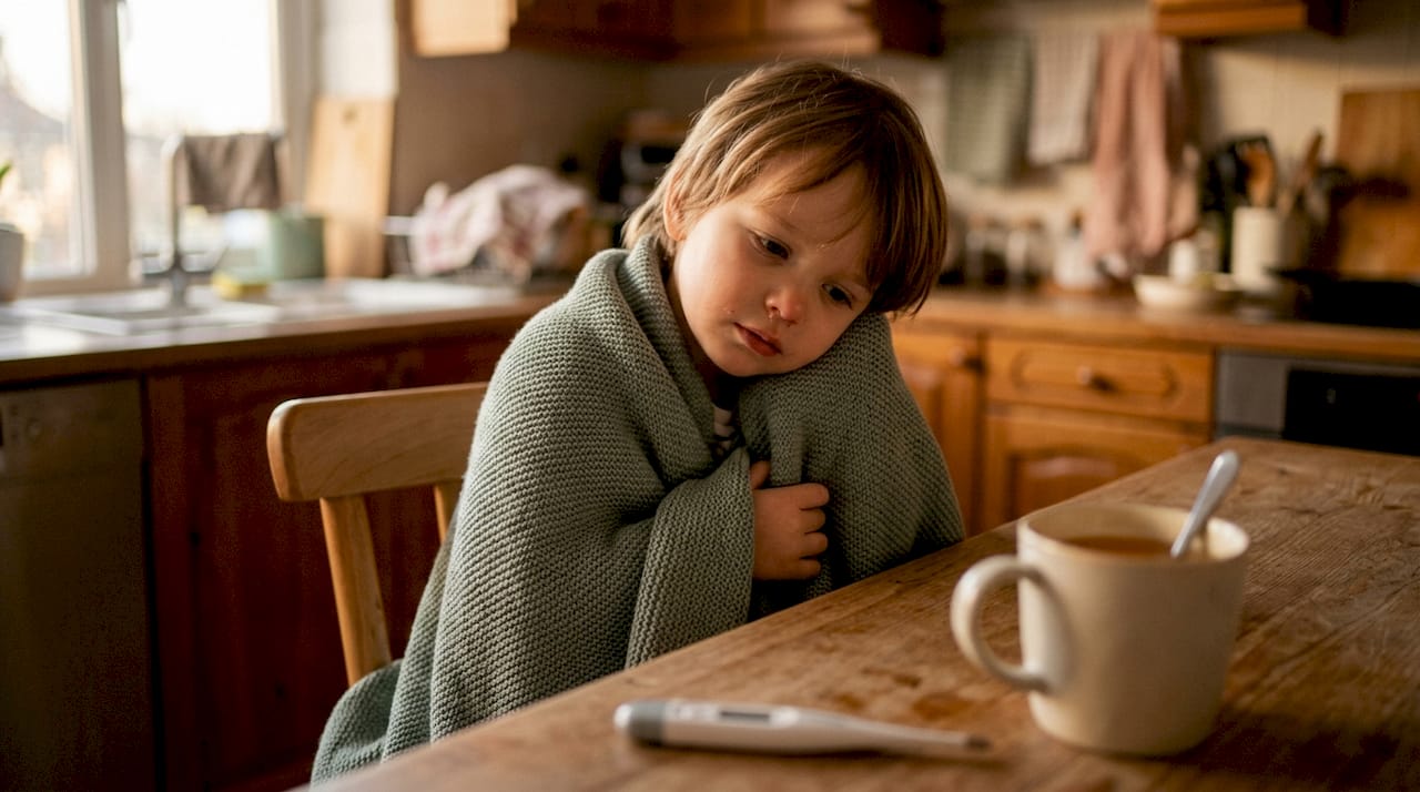Child showing mild cold symptoms at home