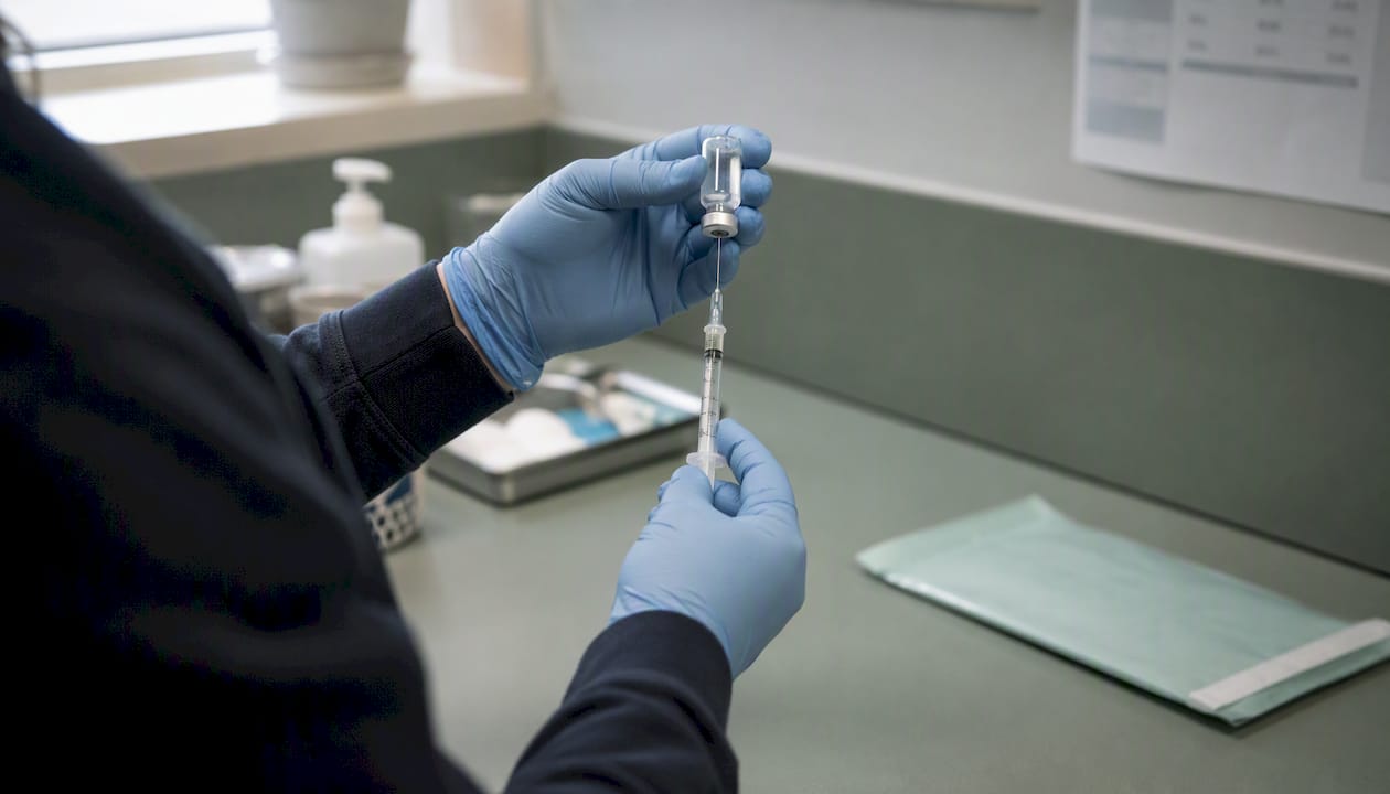 Medical professional preparing vaccination syringe