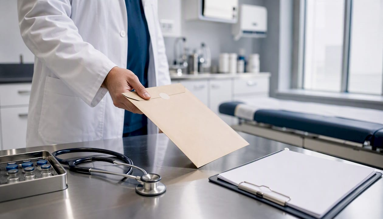 Sobre cerrado con el formulario I-693 colocado sobre la mesa de examen médico
