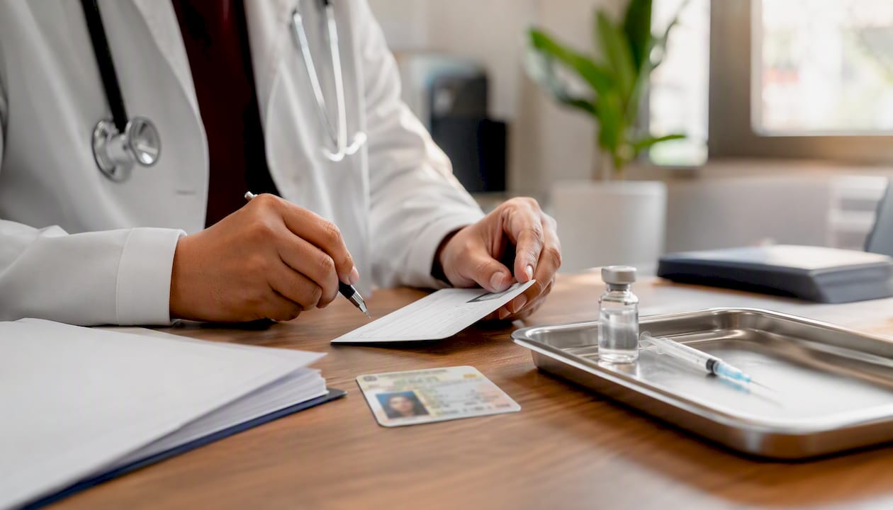 Hands holding vaccination card with medical exam props