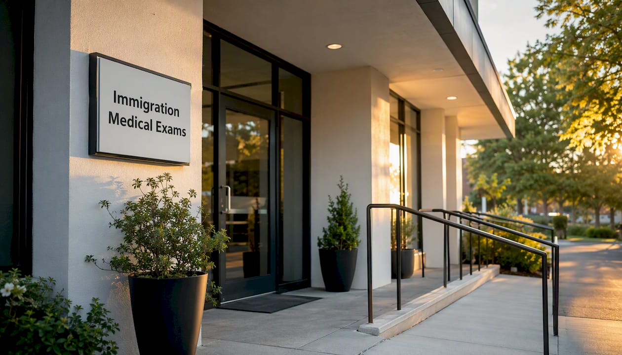 Modern immigration medical exam clinic entrance